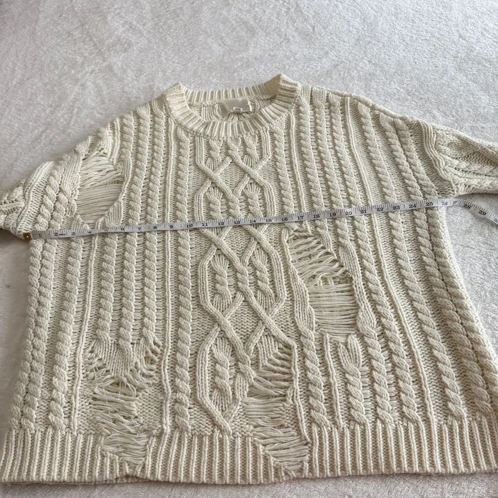 Revolve JOA Distressed Cable Knit Sweater Womens S Cream Oversized Pullover Edgy